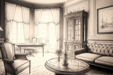 close-up of living room pencil sketch, with intricate details visible, created with generative aiの素材