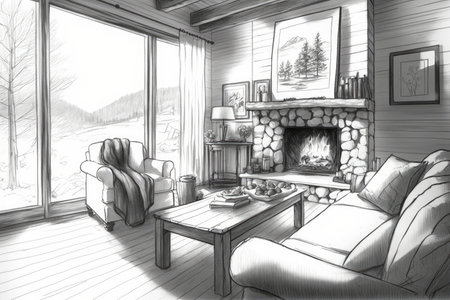 pencil sketch of cozy living room with soft blankets and pillows, fireplace, and view of the outside, created with generative aiの素材