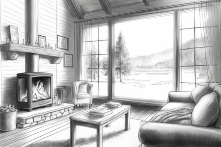 pencil sketch of cozy living room with soft blankets and pillows, fireplace, and view of the outside, created with generative aiの素材