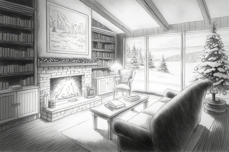 pencil sketch of cozy living room with fireplace and bookshelves, surrounded by snowflakes, created with generative aiの素材