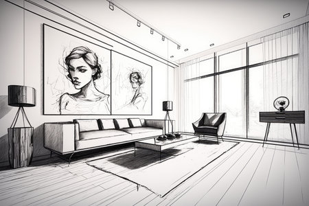 a minimalist living room with a pencil sketch on the wall and modern furniture, created with generative aiの素材