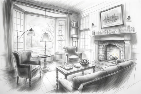 pencil sketch of cozy living room, with fireplace and cozy armchairs, on rainy day, created with generative aiの素材