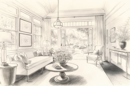 living room, filled with light and airy furnishings and decor, in pencil sketch, created with generative aiの素材