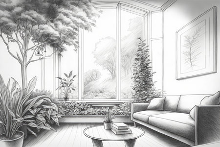 a living room filled with greenery and natural light, with a pencil sketch of the surrounding environment, created with generative aiの素材