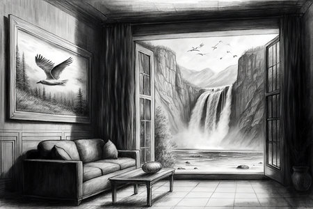 flowing waterfall, with the sound of rushing water and birds chirping in the background, depicted in living room pencil sketch, created with generative aiの素材
