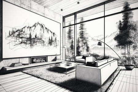 modern living room with sleek and minimalist design, featuring a pencil sketch of the surrounding scenery on the wall, created with generative aiの素材