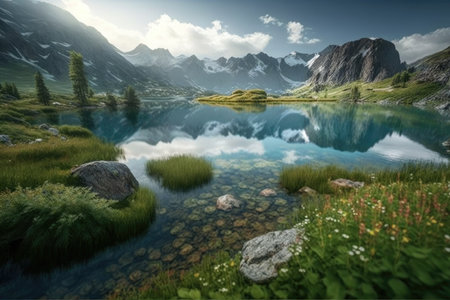shimmering lake surrounded by lush alpine meadow, created with generative aiの素材
