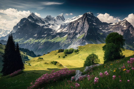 majestic mountain range with lush alpine meadow in the foreground, created with generative aiの素材