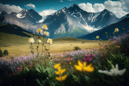 majestic mountain range in the background with meadow full of blooming wildflowers, created with generative aiの素材