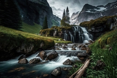 grand alpine waterfall cascading into lush meadow, created with generative aiの素材