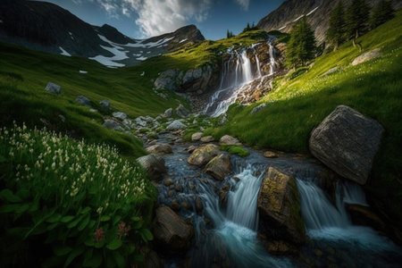 grand alpine waterfall cascading into lush meadow, created with generative aiの素材