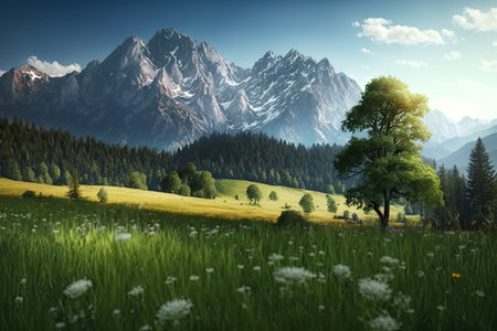 majestic mountain range in the background with lush meadow in foreground, created with generative aiの素材