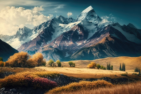 majestic mountain range with meadows in the foreground and snow-capped peaks in the background, created with generative aiの素材