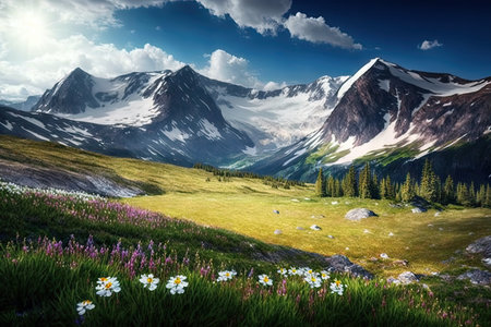 alpine meadow with background of snow-capped mountains in the distance, created with generative aiの素材
