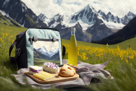 picnic lunch in lush alpine meadow with view of towering mountain peaks, created with generative aiの素材