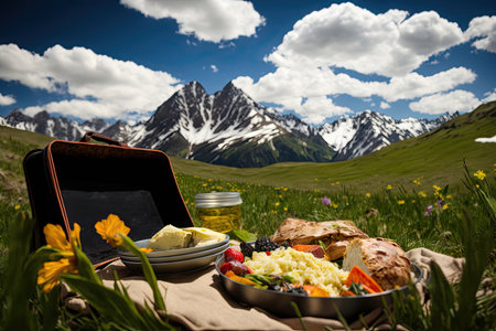 picnic lunch in lush alpine meadow with view of towering mountain peaks, created with generative aiの素材