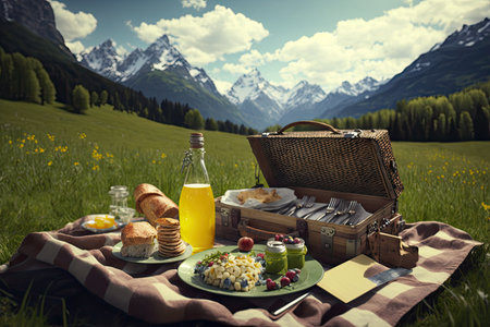 picnic lunch in lush alpine meadow with view of towering mountain peaks, created with generative aiの素材