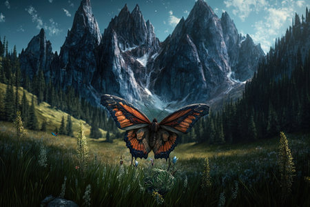 butterfly fluttering above lush meadow, surrounded by towering peaks, created with generative aiの素材