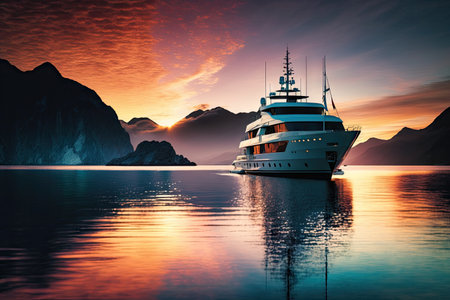 luxury yacht anchored in tranquil bay, with colorful sunset sky, created with generative aiの素材