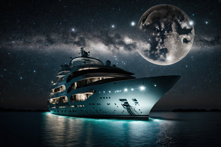 luxury yacht at night, lit up by the moon and stars, created with generative aiの素材