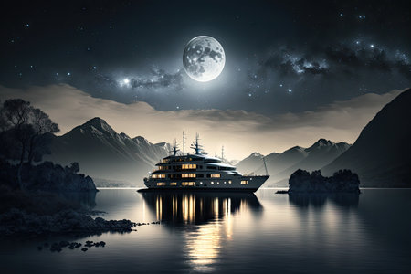 luxury yacht, with the moon shining above, anchored in serene lake, created with generative aiの素材