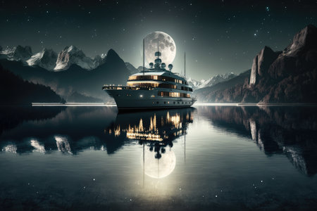 luxury yacht, with the moon shining above, anchored in serene lake, created with generative aiの素材