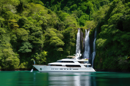 luxury yacht anchored in serene lagoon, with waterfalls and lush greenery visible in the background, created with generative aiの素材