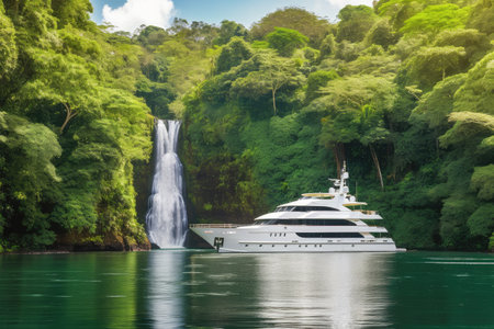 luxury yacht anchored in serene lagoon, with waterfalls and lush greenery visible in the background, created with generative aiの素材