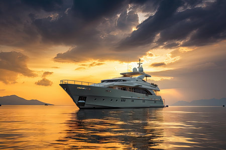 luxury yacht at sunset, with dramatic sky and clouds, created with generative aiの素材