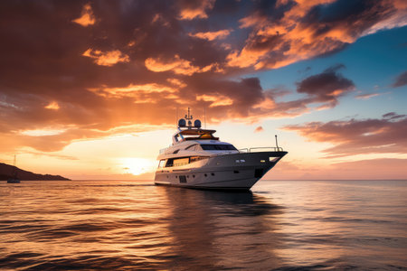 luxury yacht at sunset, with dramatic sky and clouds, created with generative aiの素材