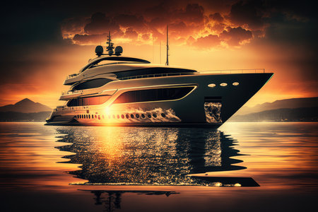 luxury yacht at sunset, with the sun setting over the water, created with generative aiの素材