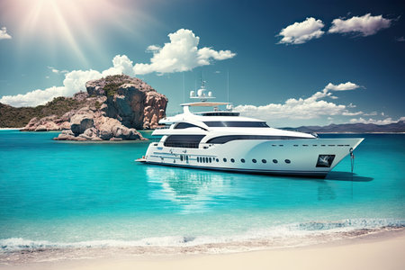 luxury yacht anchored near secluded beach, with aquamarine waters and cloudless sky, created with generative aiの素材