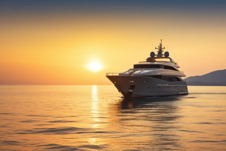 luxury yacht at sunset, with the sun setting over the water, created with generative aiの素材