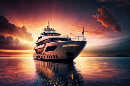 luxury yacht, with view of sunset over calm sea, against dramatic and colorful sky, created with generative aiの素材