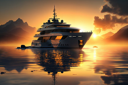 luxury yacht at sunrise, with the sun rising over the water, created with generative aiの素材