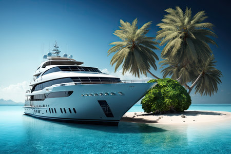 luxury yacht anchored in tropical lagoon with palm trees in the background, created with generative aiの素材