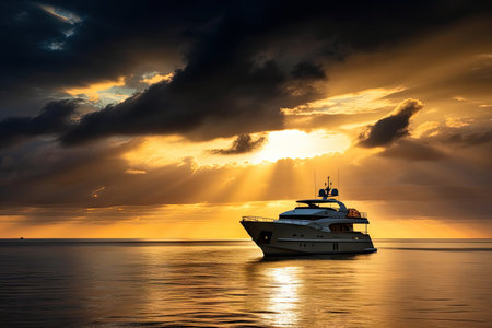 luxury yacht at sunset, with dramatic sky and clouds, created with generative aiの素材