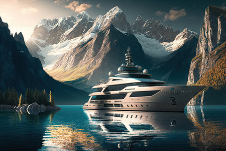luxury yacht at anchor, with view of majestic mountain range in the background, created with generative aiの素材