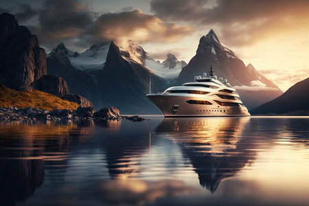 luxury yacht anchored in bay, with mountains rising in the background, created with generative aiの素材