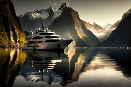 luxury yacht anchored in bay, with mountains rising in the background, created with generative aiの素材