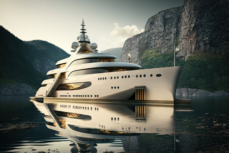luxury yacht, with the deck and exterior details in focus, anchored beside a serene lake, created with generative aiの素材