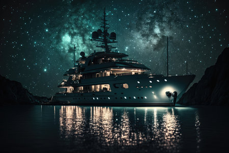 luxury yacht at night, with lanterns shining and the stars above, created with generative aiの素材