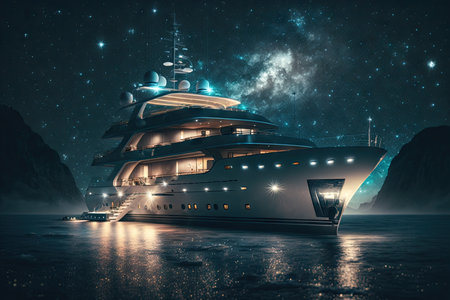 luxury yacht at night, with lanterns shining and the stars above, created with generative aiの素材