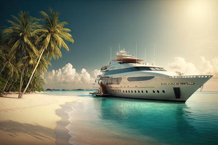 luxury yacht anchored on deserted tropical beach, with crystal-clear water and palm trees in the background, created with generative aiの素材