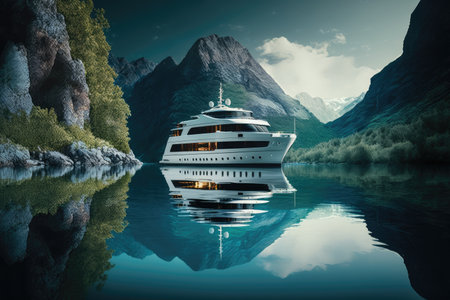 luxury yacht anchored in the middle of a calm and serene lake with clear, blue waters, created with generative aiの素材