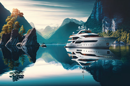 luxury yacht anchored in the middle of a calm and serene lake with clear, blue waters, created with generative aiの素材