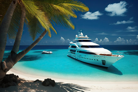 luxury yacht anchored off tropical island, with crystal blue water and sandy beach, created with generative aiの素材