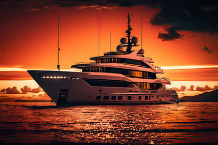 luxury yacht anchored in sunset with the sky filled with orange and red hues, created with generative aiの素材