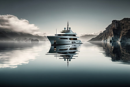 luxury yacht anchored in calm waters, with view of distant shoreline, created with generative aiの素材