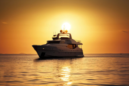 luxury yacht with sun setting behind it in the background, creating peaceful and tranquil scene, created with generative aiの素材